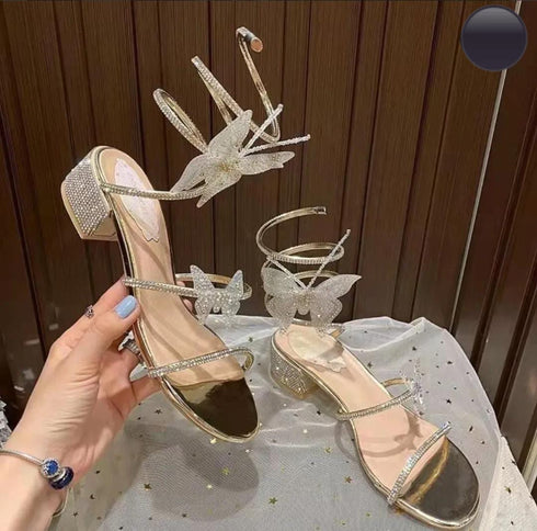 Summer Women Butterfly Wraps Mid Block Heels